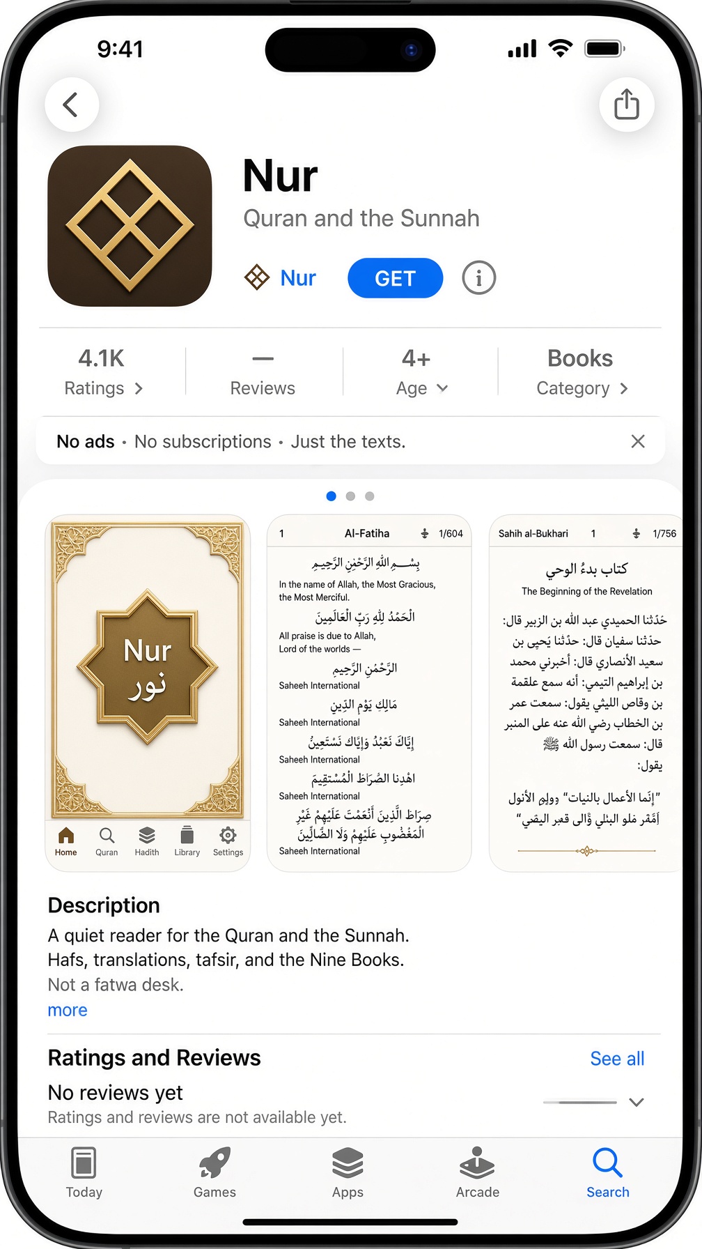 App Store listing for Nur — Get, Books, 4+