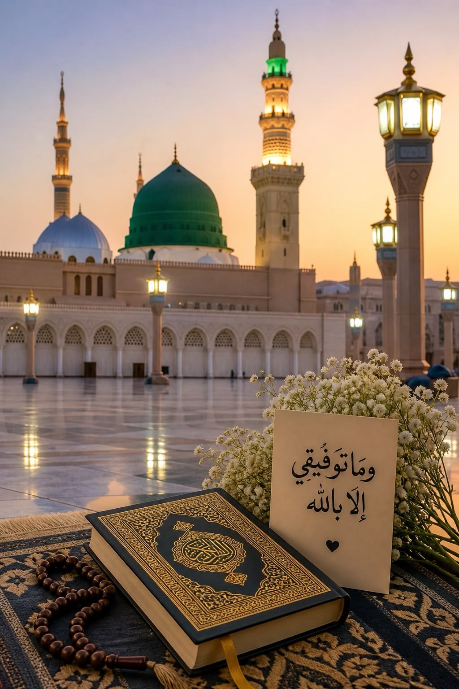The Prophet’s Mosque at sunset — a mushaf, tasbih, and وَمَا تَوْفِيقِي إِلَّا بِاللَّهِ